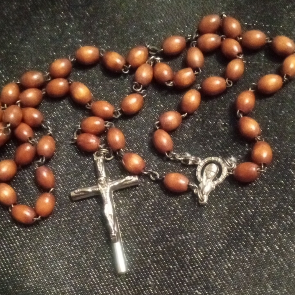 Brown Wooden Rosary Beads with Silver Crucifix
